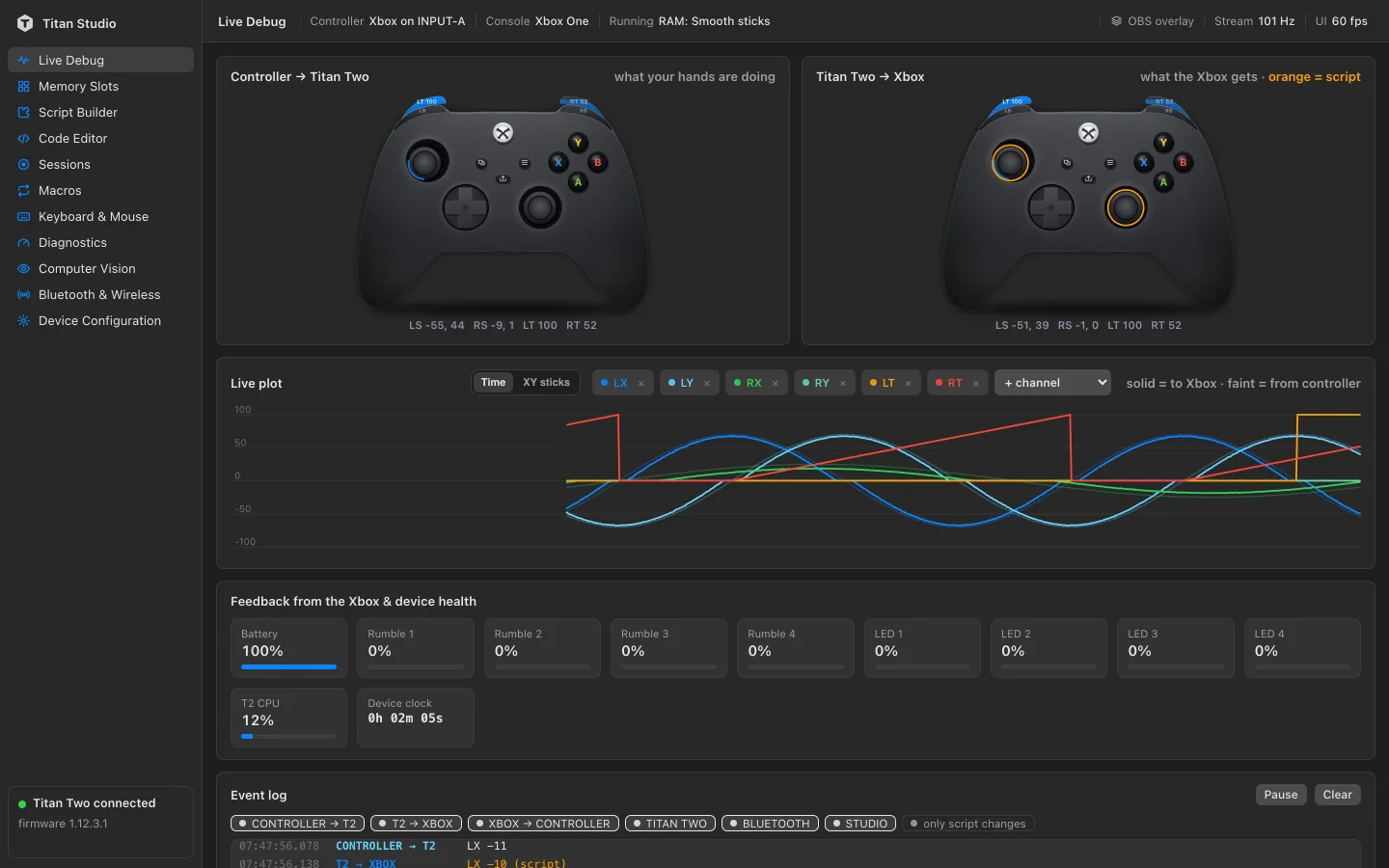 Titan Studio's Live Debug: the controller's input and what the console receives, side by side, with a live plot of the sticks and triggers